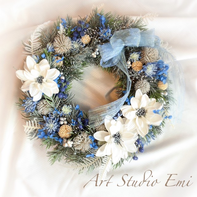 クリスマスリース ブルー ホワイト フラワー雑貨 Art Studio Emi