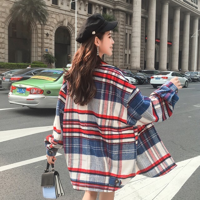 シャツ ロング チェック カラフル レトロ オーバーサイズ 長袖 トップス レディース 羽織り アウター 秋 冬 おしゃれ 人気 コーデ 49 Happinessshop ハピネスショップ レディース ファッション アイテム トレンド