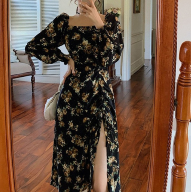 花柄ワンピース 大人 春 21 黒 長袖 ミモレ丈 韓国 秋 スクエアネック パーティー Cinderella Story