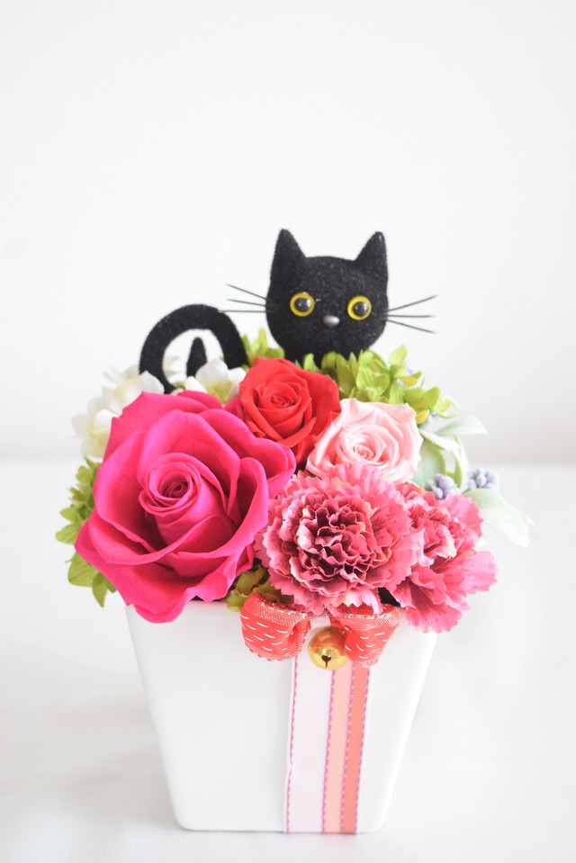 お花畑の猫 ピンク系 プリザーブドフラワー 母の日 フラワーギフト メンズギフト ねこ 枯れない花工房 すりすとん