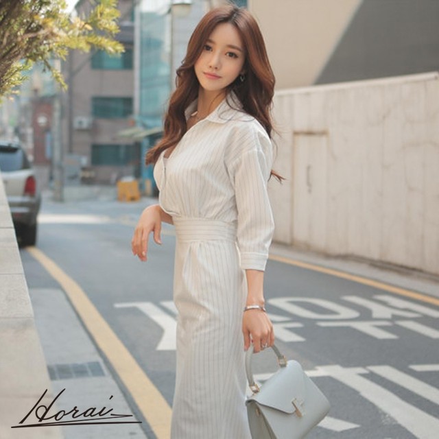 ミディアム丈ワンピース タイト ストライプ シャツワンピース 5分丈袖 ウエストマーク ハイウエスト 通勤 オフィス フォーマル ワーク きれいめ 大人可愛い ママ シンプル 代 30代 Horai