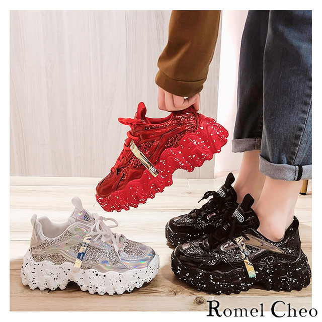 お支払い後日以内発送 Romelcheo 厚底 グリッター スニーカー キラキラ きらきら ラメ シューズ 紐靴 滑り止め 滑らない レディース ストリート系 原宿系 カジュアル 韓国 ファッション ロメルチェオ Romelcheo