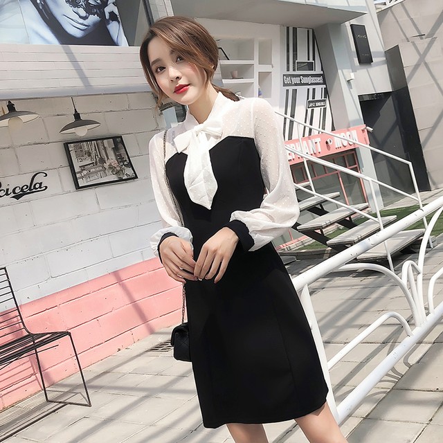 リボンタイ シースルー 切り替え ワンピース ひざ丈ワンピース ミニワンピース きちんと感 オフィス フェミニン ガーリー デート 女子会 謝恩会 発表会 1521 Sayurio レディースアパレル ファッション プチプラ アラサー アラフォー