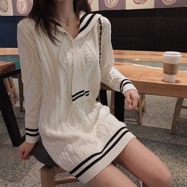 ニットワンピース ケーブルニット ミニ丈 セーラーカラー 長袖 ゆったり 体型カバー カジュアル 大人可愛い お出かけ デート 通学 無地 ホワイト 秋冬 Like Fashion