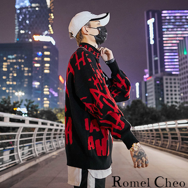 Romelcheo ニット セーター メンズ ハイ ネック モック 大きいサイズ ジャガード ストリート ファッション ヒップホップ Hiphop ダンス ラッパー 服 トップス 長袖 アメカジ カジュアル スポーティー ロメルチェオ Romelcheo