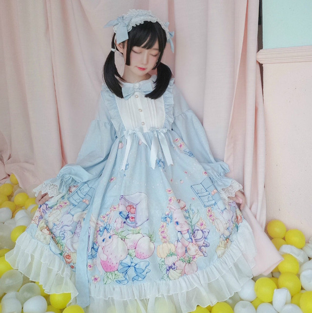 Lolita Op Dress ロリータドレス ワンピース ロリィタ 日常用 お茶会 撮影 Cosplay イベント 春 秋 冬 ロリ フリー 長袖 ブルー 青い Mintcat