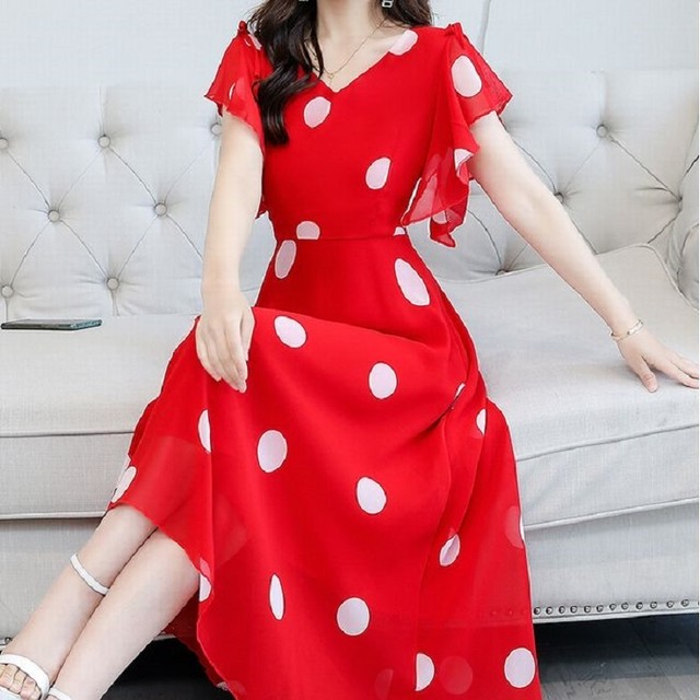 夏 ２０代 ３０代 ４０代 くすみカラー シフォンワンピース レディース ドット柄 Vネック 二次会 通勤 通勤 旅行 Rb R3 05 Mt04 0028 Redbell