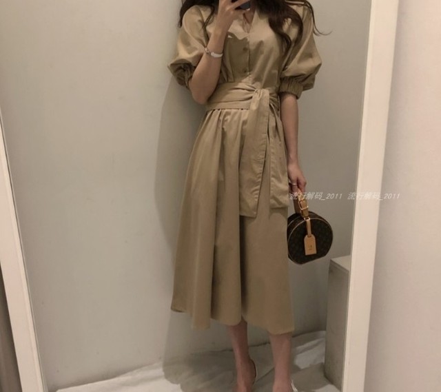 ウエストリボン パフスリーブ ロングワンピース ドレス 上品コーデ ベージュ ブルー Ol 通勤コーデ Garage Diva 106