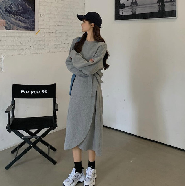 ワンピース ロング 長袖 春 韓国 ファッション レディース ハイウエスト フレア アシンメトリー リボン カジュアル ガーリー 大人可愛い 春 新作 Cocotown