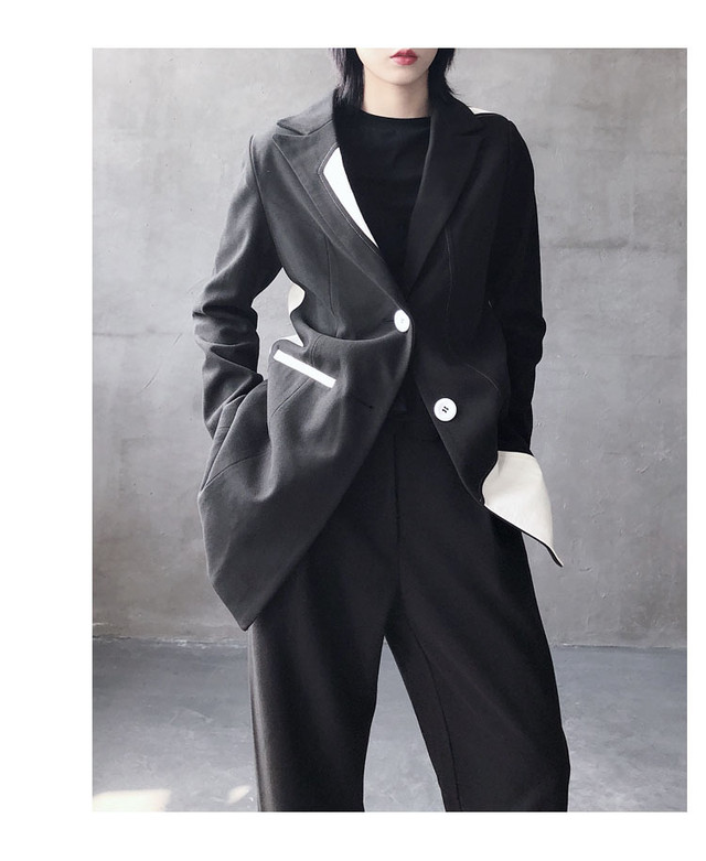 アウター ジャケット コントラスト コート レディース 秋 冬 カジュアルスーツ クール モード系 レトロ カッコいい 大人クール ブラック 黒 白 式 二次会 会食 V225 Top Mode