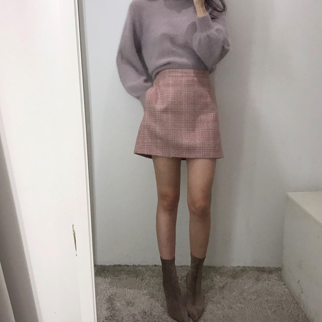 チェックのミニスカート ピンク グレー レディースタイト ハイウエストガーリー かわいい韓国系 プチプラ通販 おしゃれ B8 Idear