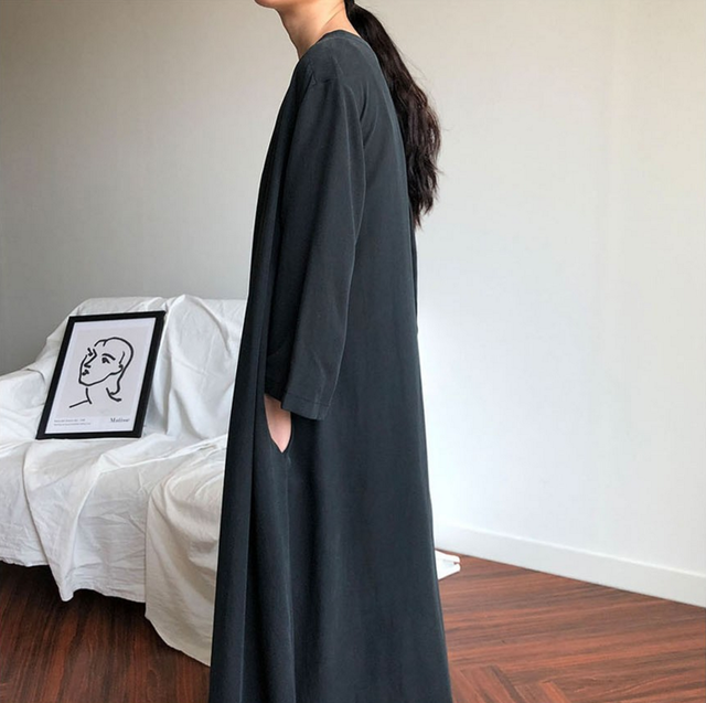 ワンピース ゆったり 長袖 ｖネック ロング丈 マキシ丈 無地 ナチュラル オシャレ 秋 冬 お出掛け デート 女子会 旅行 Ukiukionepicec