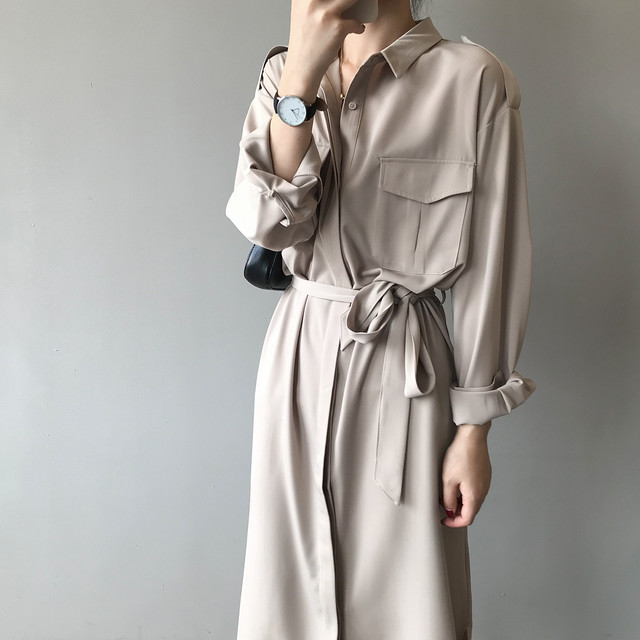 Dress 気質溢れる エレガント着瘦せシャツワンピースベルト付きオシャレ3色 Nanastyle