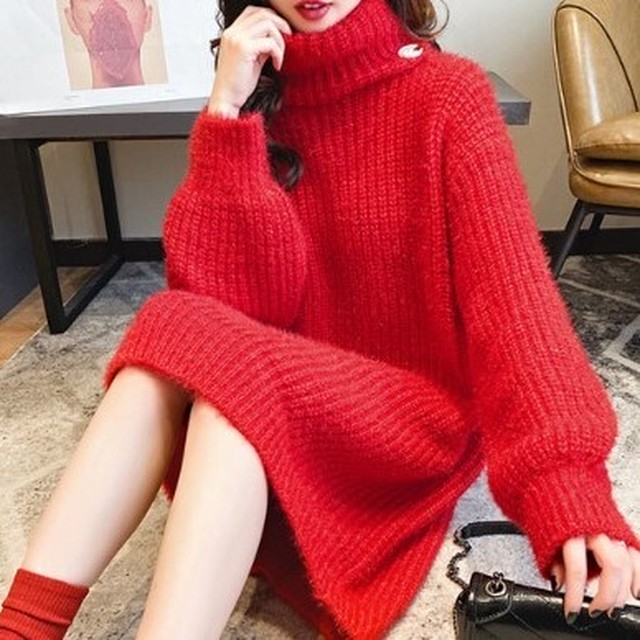 ワンピース ニットワンピース オフタートルワンピース ミニ丈ワンピース ゆったり 長袖 お出掛け デート 春物 Choco Chaco