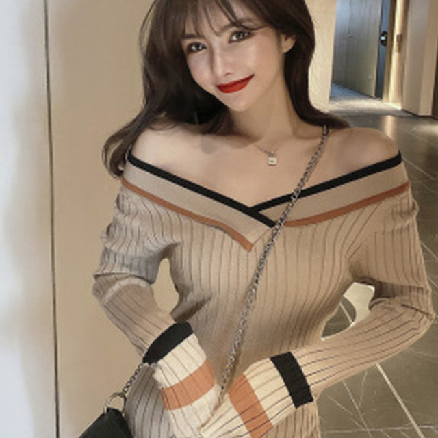 ニットワンピース タイト 秋冬 冬 ニットワンピ オフショルダー Vネック ひざ丈ワンピ レディース ざっくり フェミニン セクシー 長袖 ゆったり 体型カバー 着痩せ 大人可愛い セクシー フェミニン こなれ感 きれいめ エレガント 大人女子 Ok226 Sunny Place