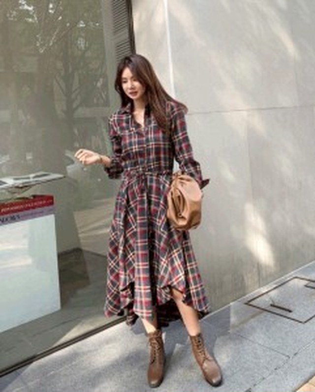 ワンピース レディース チェックワンピース ロングワンピース シャツワンピース チェック柄 長袖 Aライン フレア アシンメトリー Libe0003 Libe La Mode