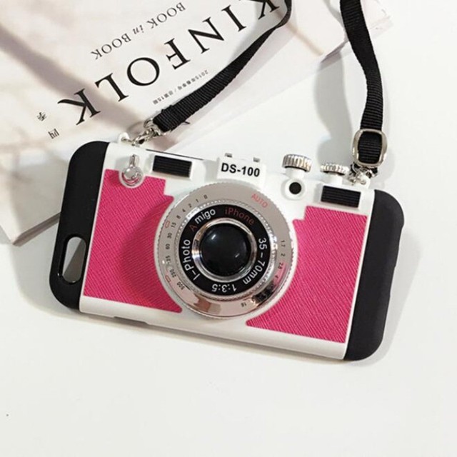 カメラ型iphoneケース かわいい首かけスマホカバー 濃いピンク Ririha