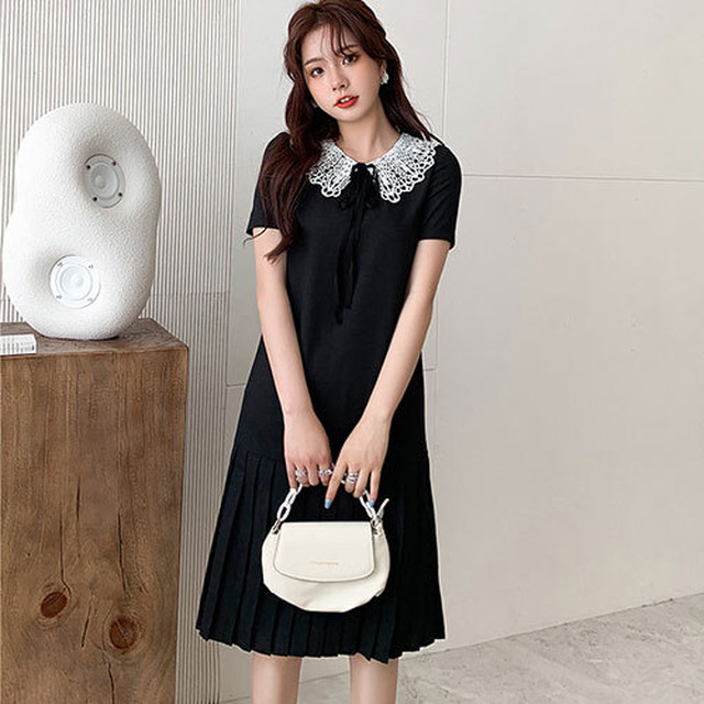 ワンピース 襟付き 半袖 ミドル丈 ローウエスト プリーツ ブラック 通勤 夏 ２０代 ３０代 ４０代 くすみカラー 大きいサイズ Rb R3 22 Sa06 0033 Redbell