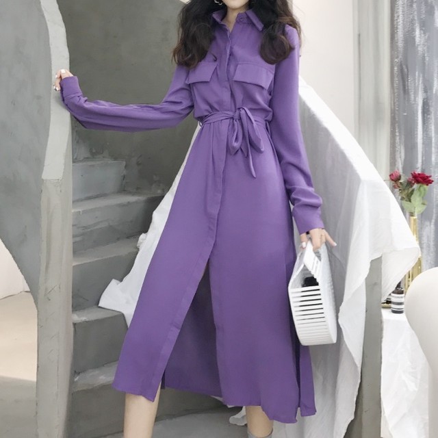 シャツワンピース リボンベルト ミモレ丈 長袖 Aライン 春服 秋服 通勤 レディース I0105 Aeka Clothet For Worker
