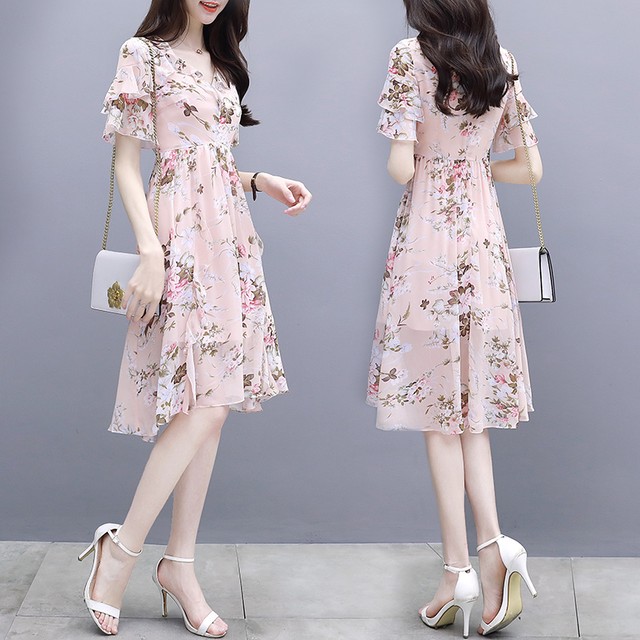 フレアワンピース シフォン ひざ丈 半袖 フリル袖 花柄 Aライン 大人可愛い きれいめ キレカジ フェミニン ガーリー 春夏 お呼ばれ よそ行き デート 女子会 レディース オケージョン ピンク Prism One プリズム ワン