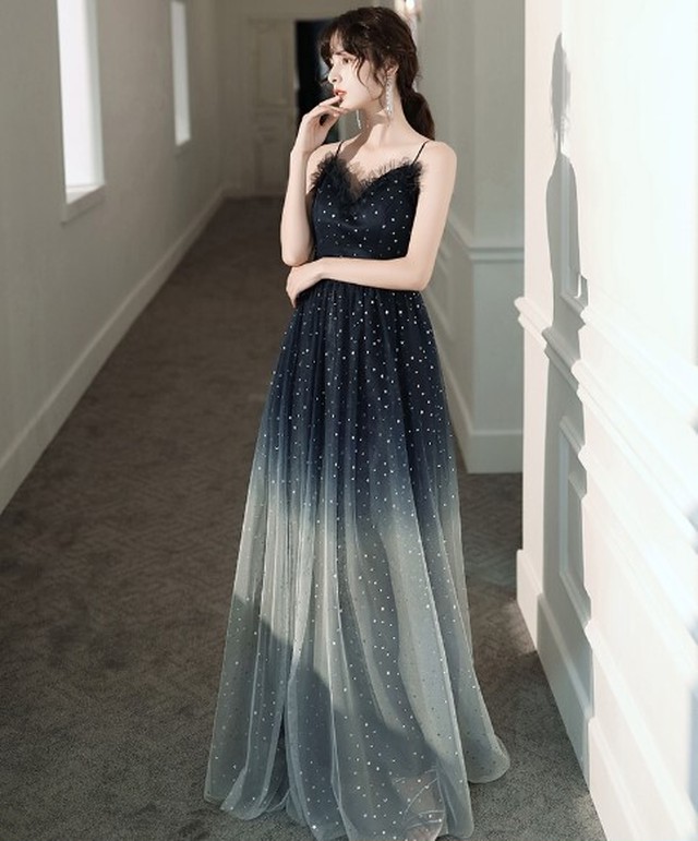 美品 パーティードレス 青 ブルー グラデーション キャミソール ファスナー 細見えシルエット Cinderelladress