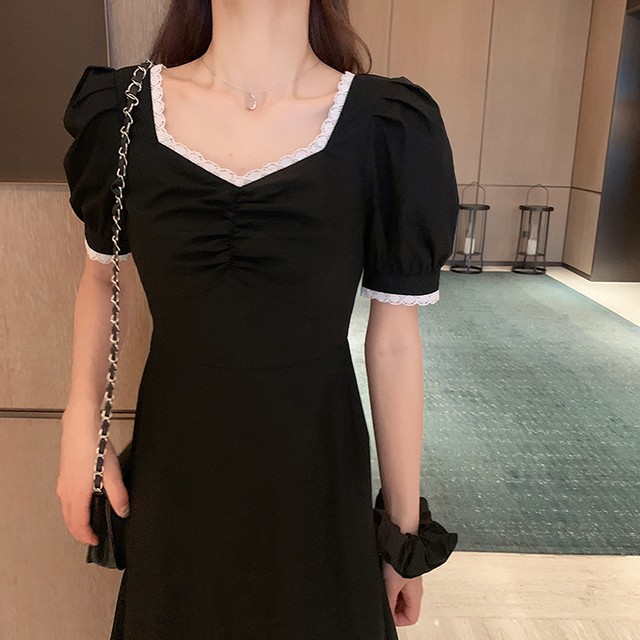 レディース ワンピース ロング ワンピース ドレス 半袖 パフスリーブ スクエアネック レース ステッチ ロング丈 ミモレ丈 ハイウエスト ａライン スカート ワンピース 春夏秋 上品 エレガント きれいめ おしゃれ フェミニン お出かけ お呼ばれ 二次会 デート 普段着