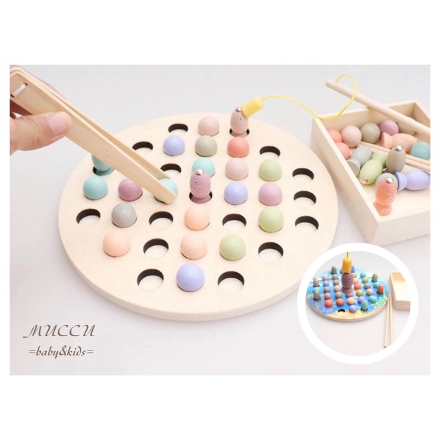 送料無料 予約販売 木製知育玩具 モンテッソーリ 幼児教育 出産祝いにも 赤ちゃん 早期幼児教育 お箸トレーニング 魚釣り Muccu Baby Kids