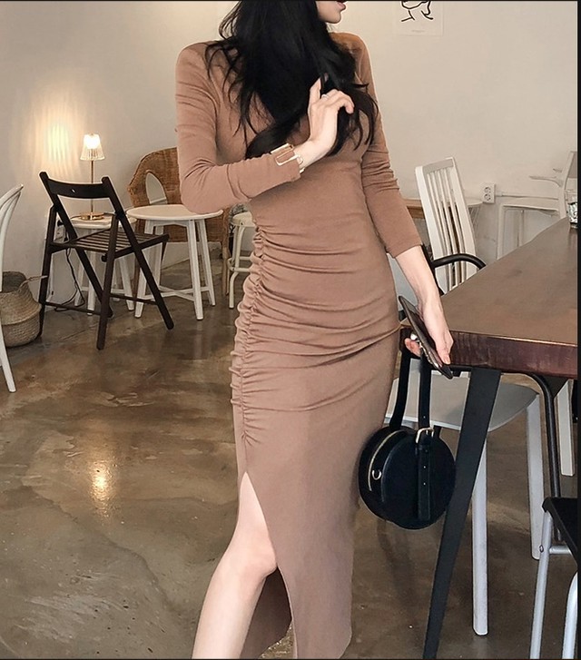 ワンピース スリット ロングワンピース タイト ラウンドネック サイドギャザー 長袖 セクシー カジュアル デイリー お出かけ デート 食事会 春 秋 レディース かわいいおんなのこ