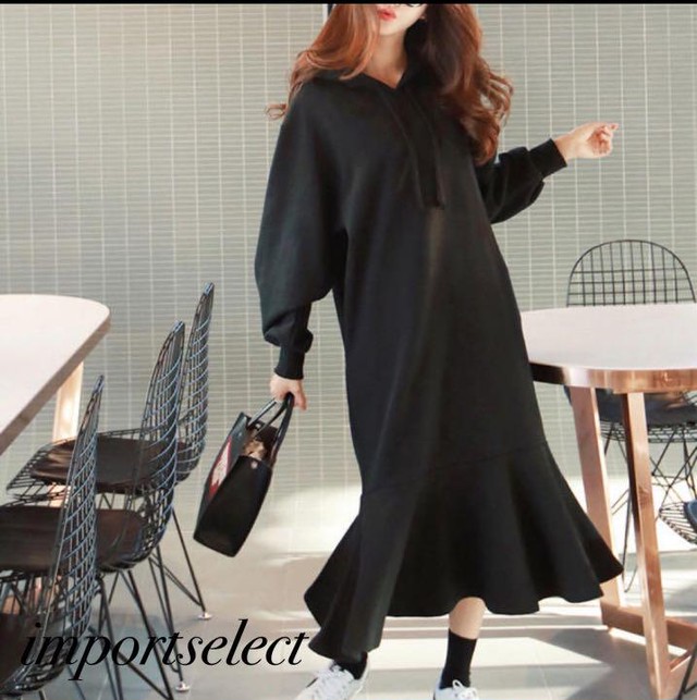 スウェット 大人気 韓国発 ゆるフィットパーカーマキシワンピース スウェット 秋服 冬服 Japan Classic Store
