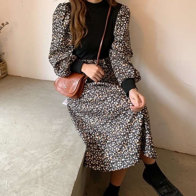 花柄 ワンピース 切り替え ニット ロングワンピース 韓国 ファッション レディース 春 小花柄 プリント バルーンスリーブ ハイウエスト フレアロング ワンピース かわいい ガーリー 長袖 秋春 春服 レディース レイヤードワンピース Vestito