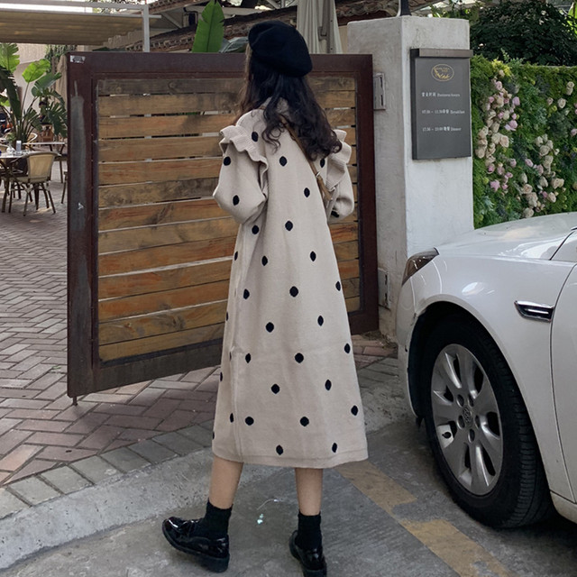 660 大人かわいいフリル付きのドット柄ニットワンピース アプリコット 海外のプチプラきれいめカジュアルレディースファッション Pakaian Lucu 海外のプチプラきれいめカジュアルレディースファッション Pakaian Lucu