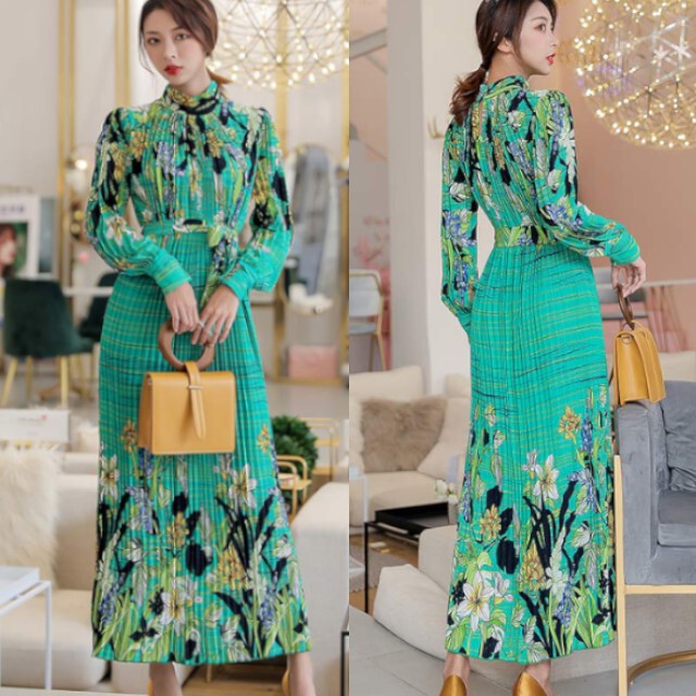 レディース ワンピースドレス オケージョンワンピ ボタニカル柄 花柄 長袖 ハイネック プリーツ シフォン フラワー マキシ丈 ロングワンピ グリーン Favoriteselect