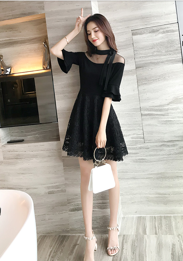 レースドレス 黒ワンピース ミニ丈 韓国風 春夏秋 シフォンドレス セクシー Aライン ストラップレス 大人可愛い Morecute