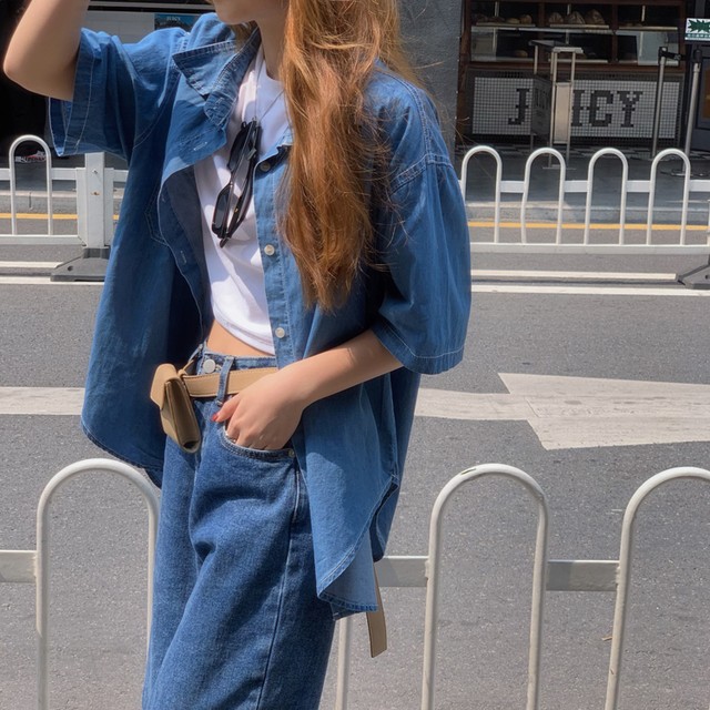 トップス デニムシャツ 半袖 ドロップショルダー 無地 シンプル カジュアル ストリート ボーイッシュ メンズライク 春 夏 Pa7521 Mahha Planet