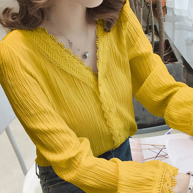 レディース トップス シフォン レース付き Vネック ブラウス シャツ 長袖 ワッシャー シワ感 清楚 上品 きれいめ 通勤 オフィス A00 Ranunculus