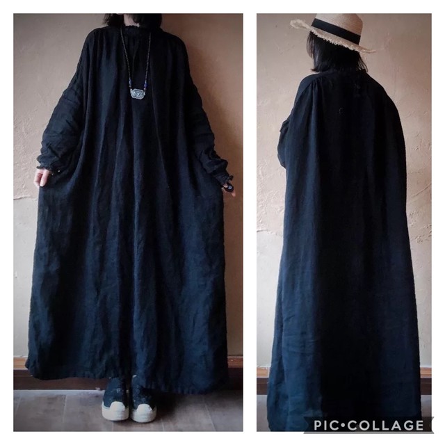 E96 新品 送料無料 レディース リネン 麻 マキシ丈 ロング ワンピース シンプル ゆったり 大きめ 長め ナチュラル 秋 冬 黒 ブラック Hihaho Company リネン コットン素材のゆったりとしたレディースウェアのお店