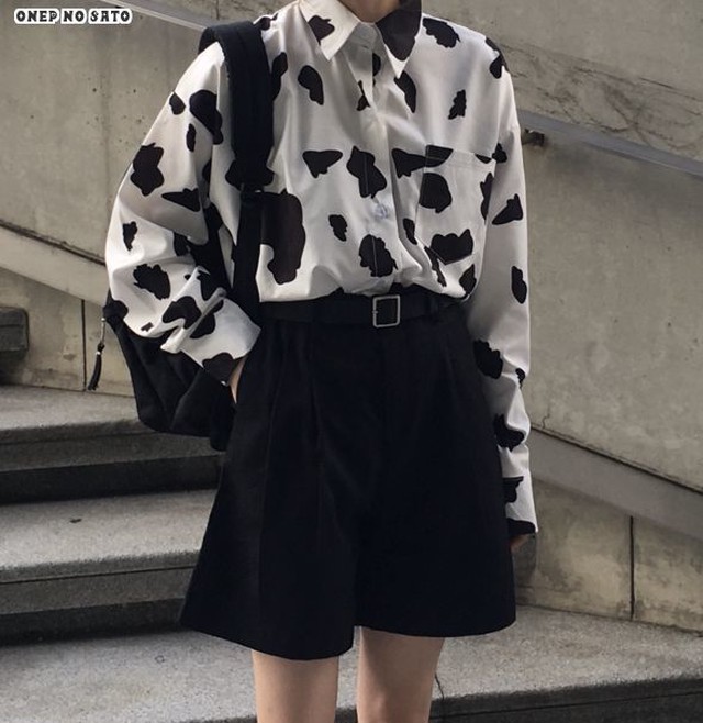 シャツ ショートパンツ ショーパン カッター カットソー 牛柄 ベルト 可愛い おしゃれ セットアップ 長袖 パンツ Ta0192 ワンピの里 シャツ ショートパンツ ショーパン カッター カットソー 牛柄 ベルト 可愛い おしゃれ セットアップ 長袖 パンツ Ta0192 ワンピの里