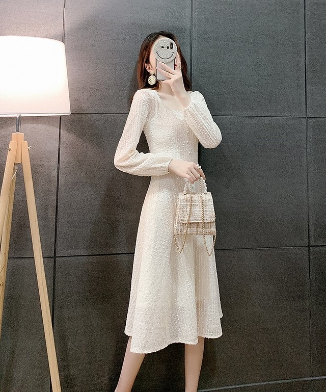 ワンピース ドレス 春ワンピース フレアワンピ ホワイト 清楚 お嬢様 ひざ丈 パフスリーブ ハイウエスト 無地 長袖 パーティー 代 30代 40代 Ptngt0619 Shop Suba