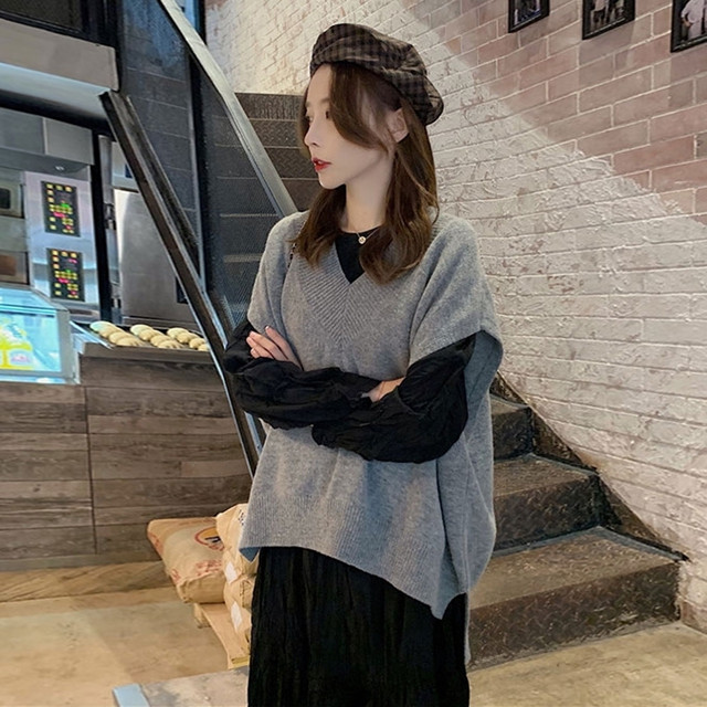 2点セット ワンピース ロング ニット ベスト トップス Vネック レディース ミモレ丈 黒 長袖 きれいめ おしゃれ 春 秋 冬 大きいサイズ Lalas