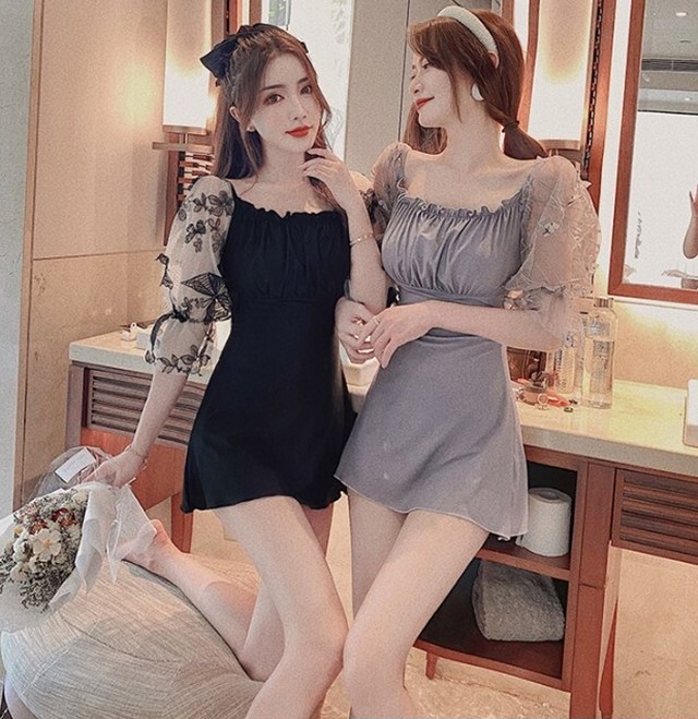 水着 ワンピース水着 レディース レース バックリボン 双子コーデ キュート 体型カバー ママ水着 フレア Ab1711 Valentina210