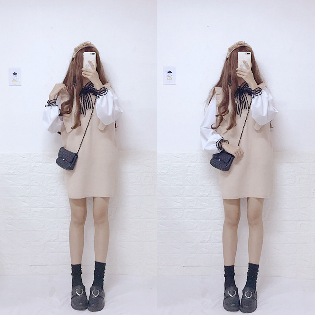 シャツワンピース ミニ ボリューム袖 レイヤード フリル フロントリボン 無地 オルチャン きちんと感 クラシカル 個性派 品のある オフィス お呼ばれ 春 2点セット ツーピース 体型カバー Toptop