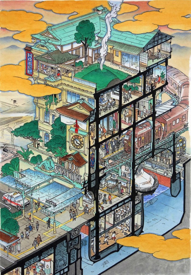 山口晃 版画作品 九州鐵道驛中驛外圖 Ed 100 Mizuma Art Gallery