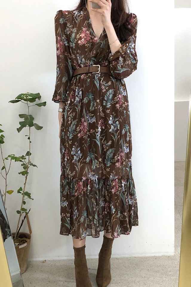 レトロ 花柄 ワンピース レディース きれいめ シフォン ワンピース 長袖 ウエストマーク カシュクール ワンピース ヴィンテージ風 春 抜け感 ベージュ ブラウン 1065 Idear