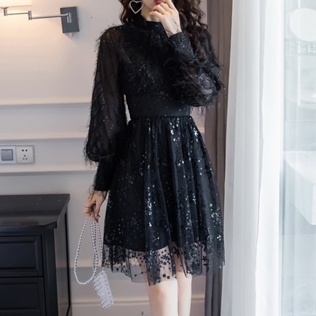 チュールドレス フリンジ 透け感 ミニワンピース 星柄 Aライン パフスリーブ 長袖 代 30代 結婚式 二次会 クリスマス お呼ばれ パーティー レディース R0115 Aeka Clothet Partydress