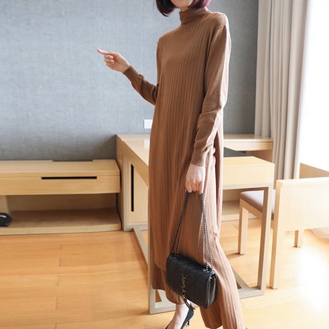 セットアップ レディース ニット ツーピース 上下セット 長袖ワンピース ストレートパンツ 春服 春服 レディース 30代 40代 ロングパンツ 長袖 スリット ゆったり タートルネック 緑 Rx0990 Raxia ラクシア