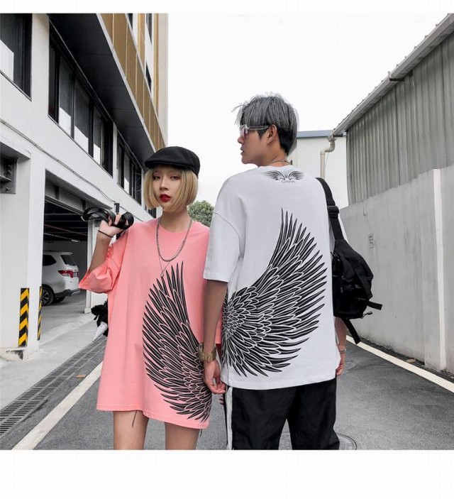 ペアルック カップル ペアtシャツ 即納 ペア トップス メンズ カットソー Tシャツ 半袖 レディース シンプル P7090 送料無料 黒 白 ピンク S M L Xl 大きいサイズ 羽根 ゆったり 男女兼用 ユニセックス 韓国風ファッション Anniversary Style