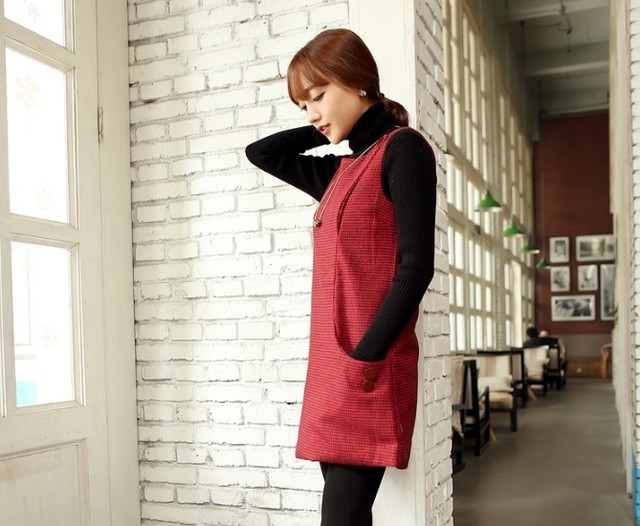 春と秋の冬ノースリーブウールワンピースhoundstoothラージサイズメススリムボディスリムベーステイストスカートスカート 718 Leaflower 001 リーフラワー レディースファッション専門店