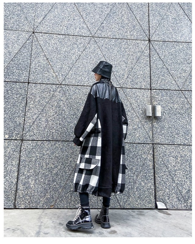 秋 冬モード系 モノトーン 配色 異素材 レイヤード デザイン チェック ロングワンピース チュニック ビッグサイズ 大きいサイズ Top Mode