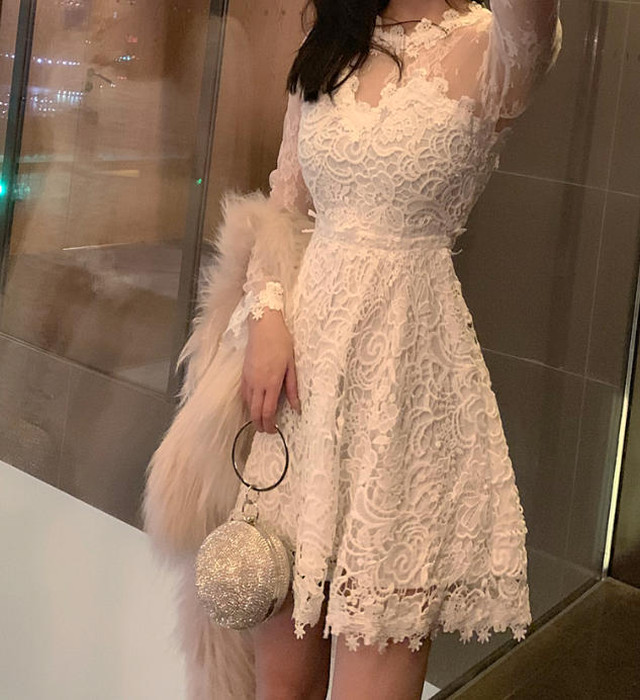 ワンピース パーティードレス ミニ丈 レース シースルー 袖あり セクシー Aライン お呼ばれ 結婚式 二次会 韓国 オルチャン ファッション Dresscoco