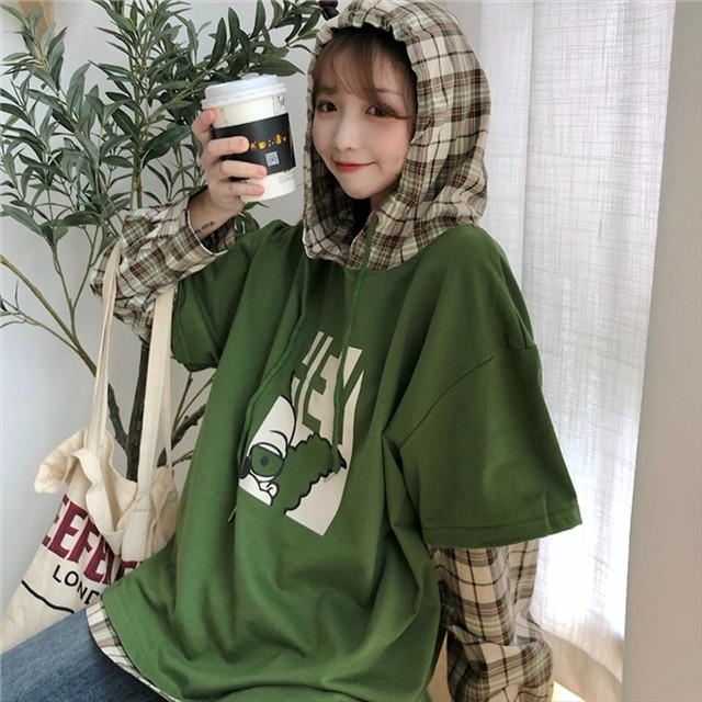 フェイクレイヤード オーバーサイズ 長袖 パーカー ゆったり チェック柄 プルオーバー トップス 萌え袖 カジュアル 重ね着風 体型カバー レディース 華奢見え M L Xl 春 秋 10代 代 30代 40代 Laff Store 会社情報 納期の確認をお願いします